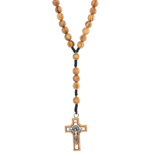Różaniec z drewna oliwnego 8 mm  na sznurku - Krzyż Św. Benedykt