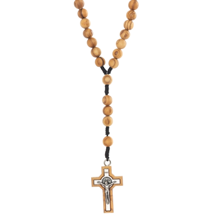 Różaniec z drewna oliwnego 8 mm  na sznurku - Krzyż Św. Benedykt