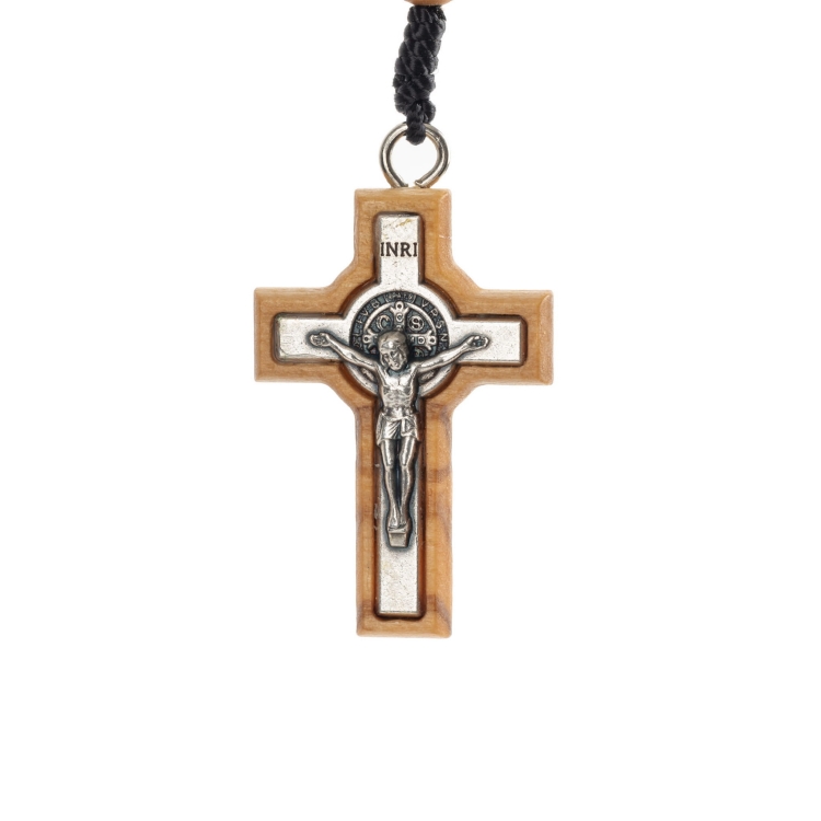 Różaniec z drewna oliwnego 8 mm  na sznurku - Krzyż Św. Benedykt