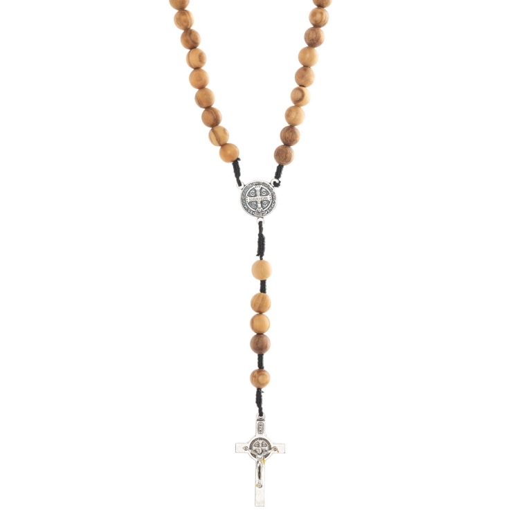 Różaniec z drewna oliwnego 8 mm na sznurku - Krzyż i łącznik Św. Benedykt