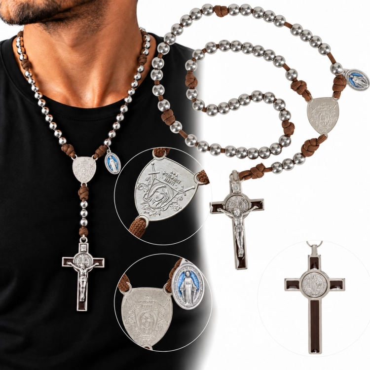 Różaniec srebrny na brązowym sznurku.png