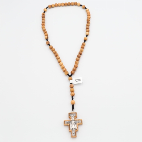 Różaniec z drewna oliwnego 8 mm  na sznurku - Krzyż Św. Damiana
