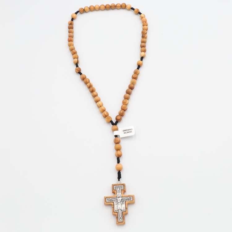 Różaniec z drewna oliwnego 8 mm  na sznurku - Krzyż Św. Damiana