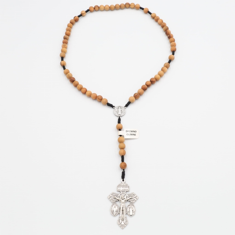 Różaniec z drewna oliwnego 8 mm na sznurku - Krzyż przebaczenia