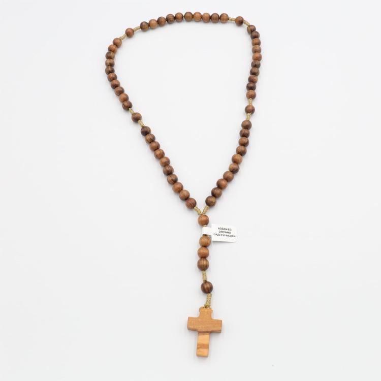 Różaniec z drewna orzech włoski 8 mm na sznurku - krzyż oliwny